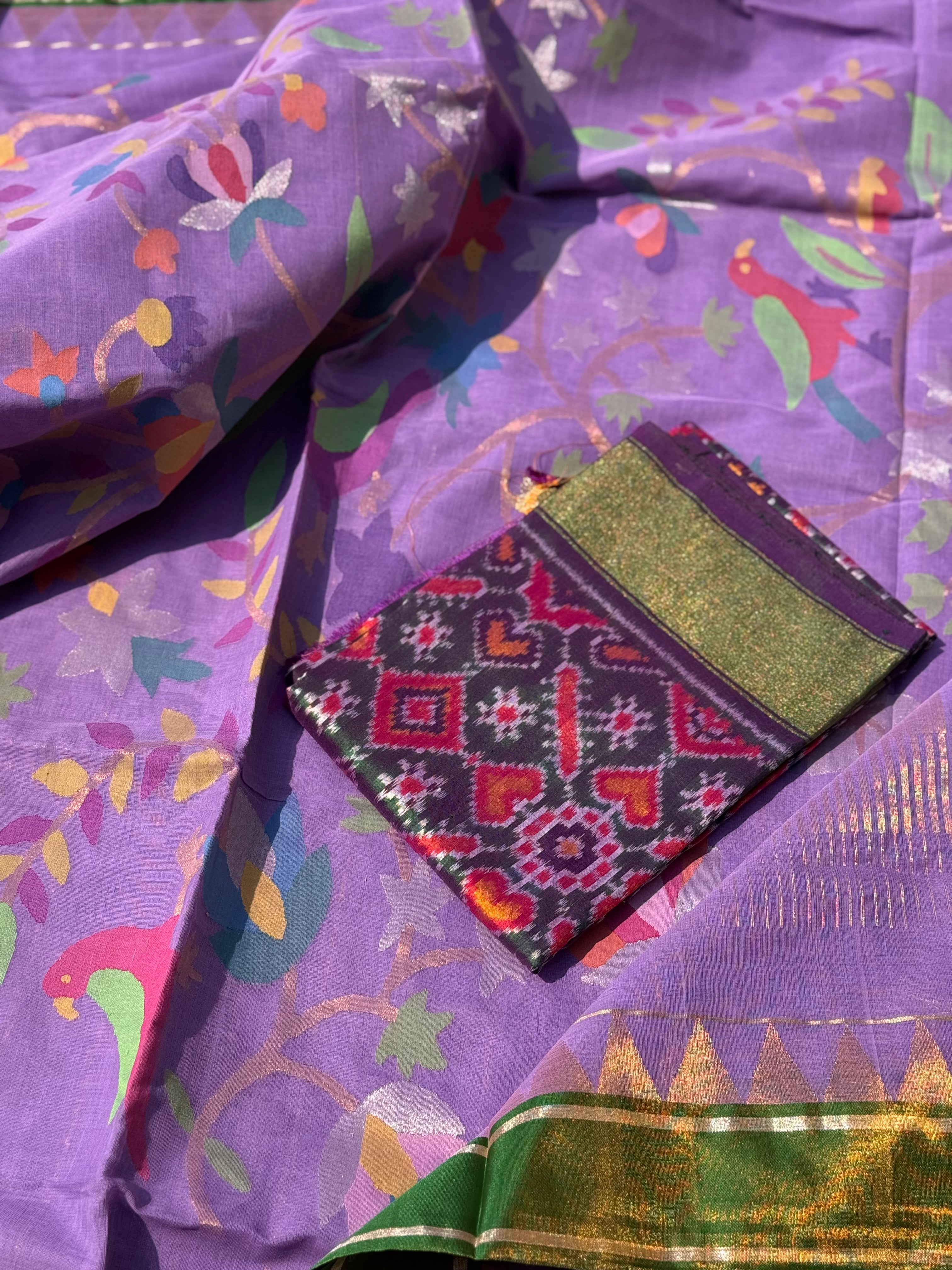 Purple with green  stripes and motifs ponduru Khadhi jamdani saree