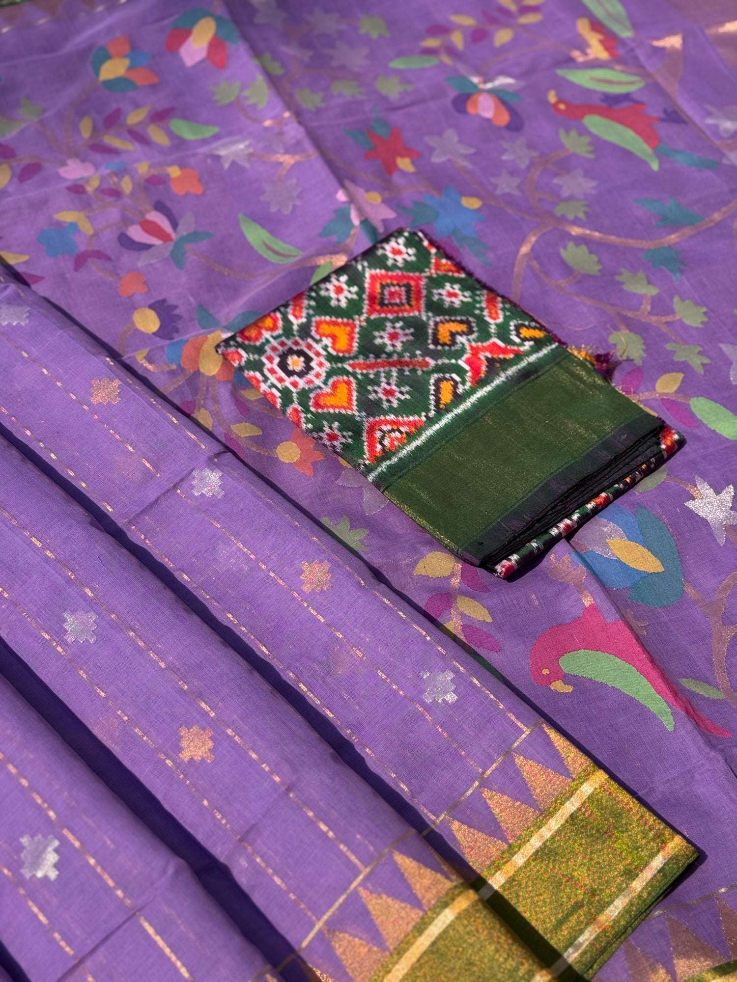 Purple with green  stripes and motifs ponduru Khadhi jamdani saree