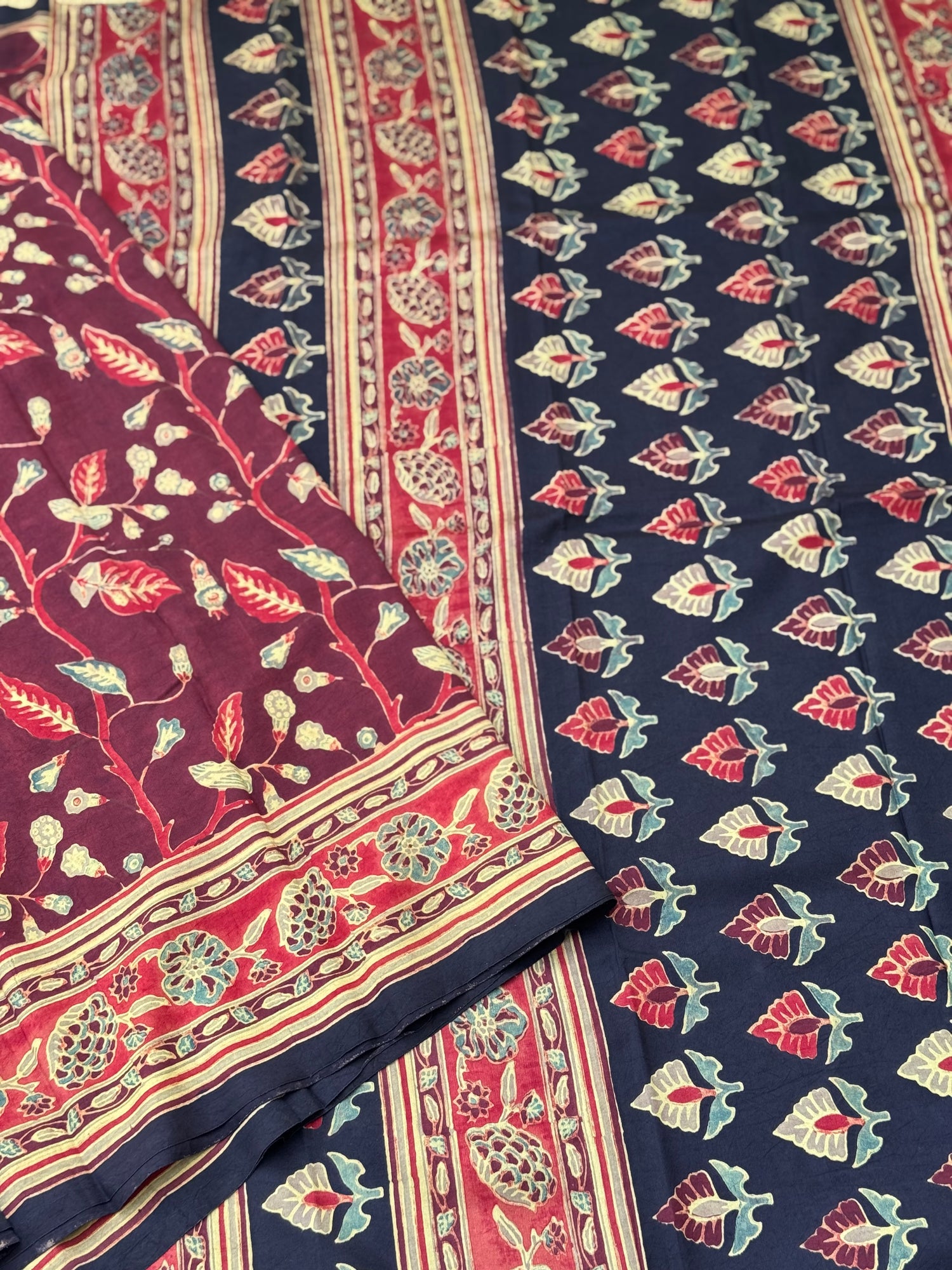 Natural Dyed Ajrakh Double Resist floral Block printed mulberry Silk Saree