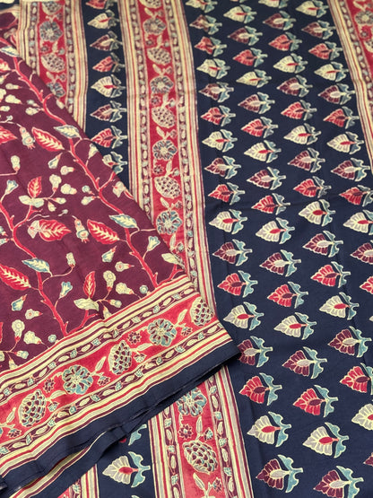 Natural Dyed Ajrakh Double Resist floral Block printed mulberry Silk Saree