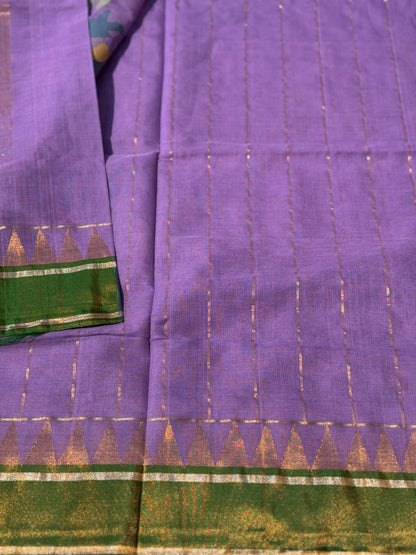 Purple with green  stripes and motifs ponduru Khadhi jamdani saree