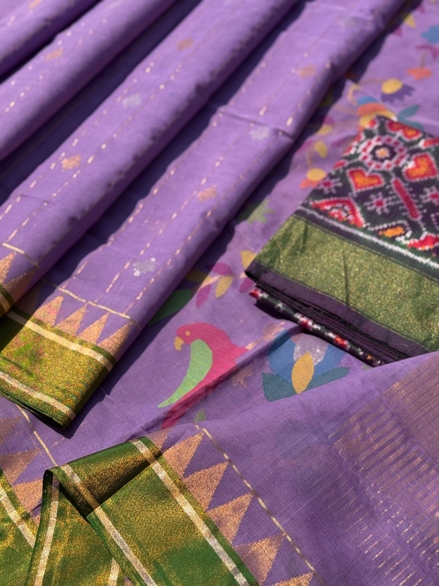 Purple with green  stripes and motifs ponduru Khadhi jamdani saree