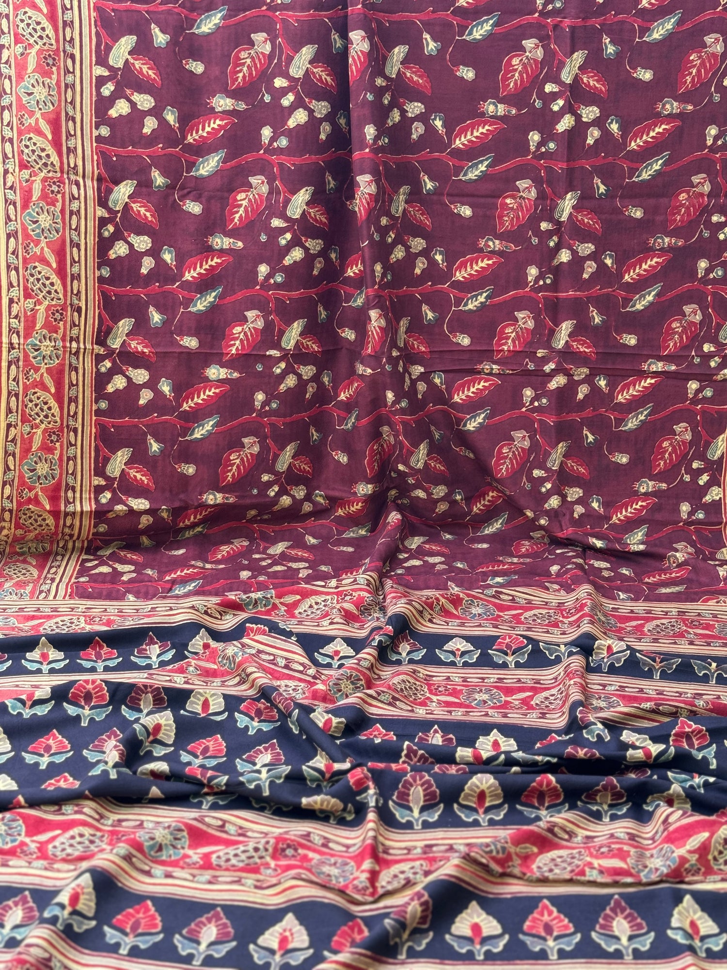 Natural Dyed Ajrakh Double Resist floral Block printed mulberry Silk Saree