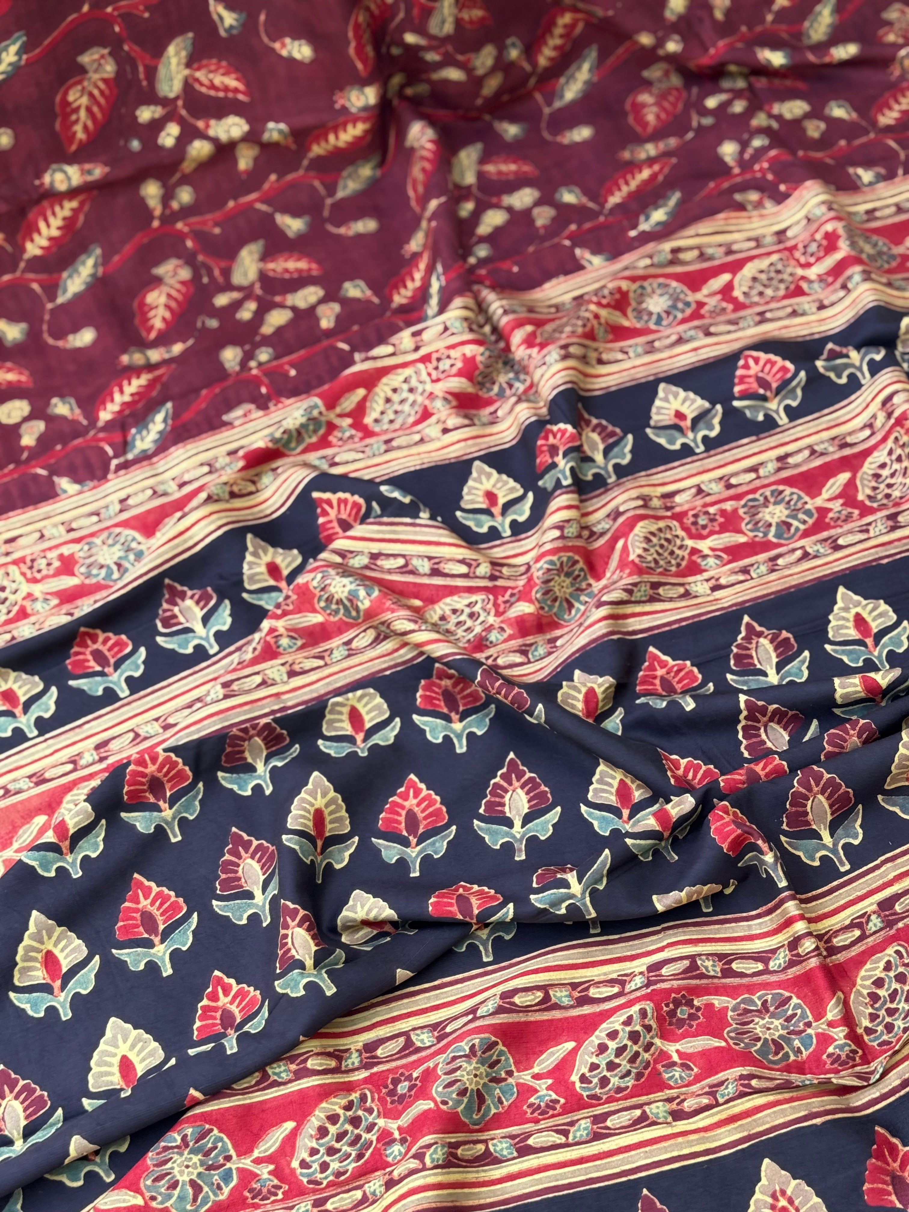 Natural Dyed Ajrakh Double Resist floral Block printed mulberry Silk Saree