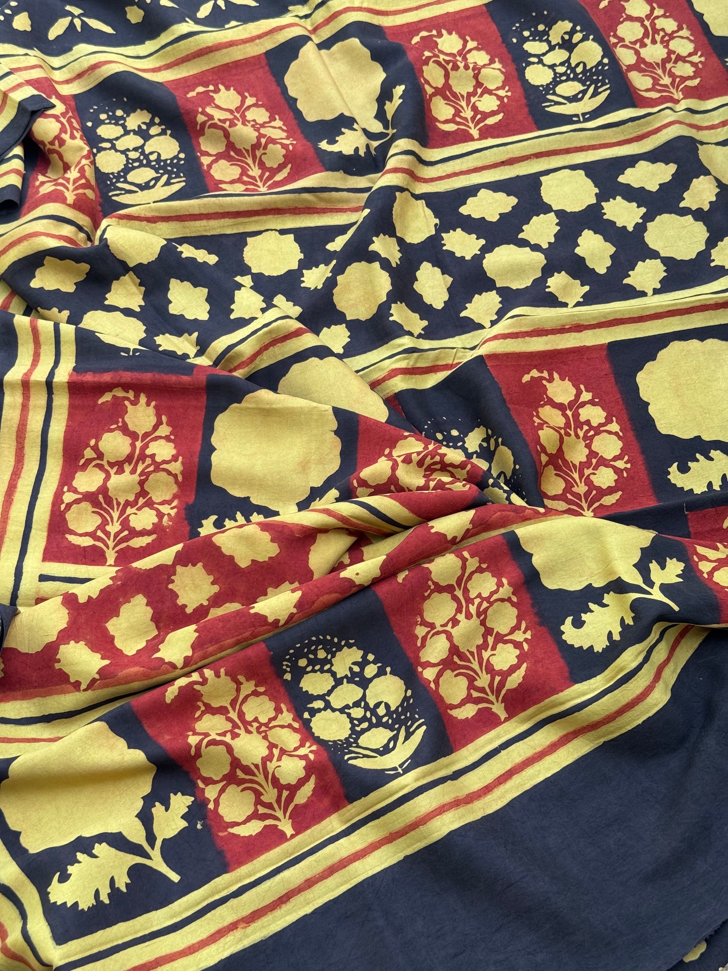 Natural Dyed Ajrakh Double Resist abstract Block printed mulberry Silk Saree