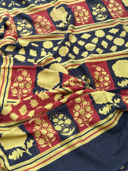 Natural Dyed Ajrakh Double Resist abstract Block printed mulberry Silk Saree