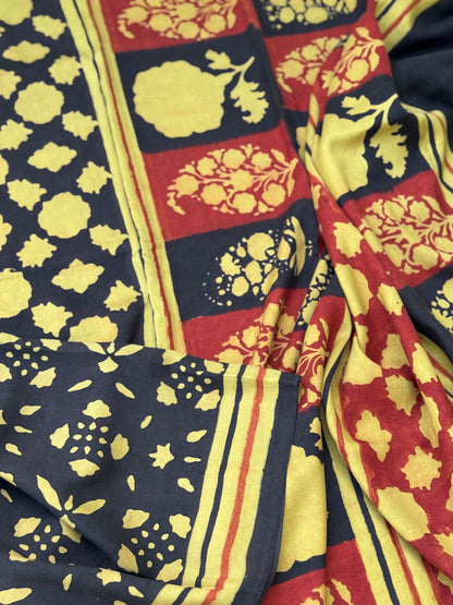 Natural Dyed Ajrakh Double Resist abstract Block printed mulberry Silk Saree
