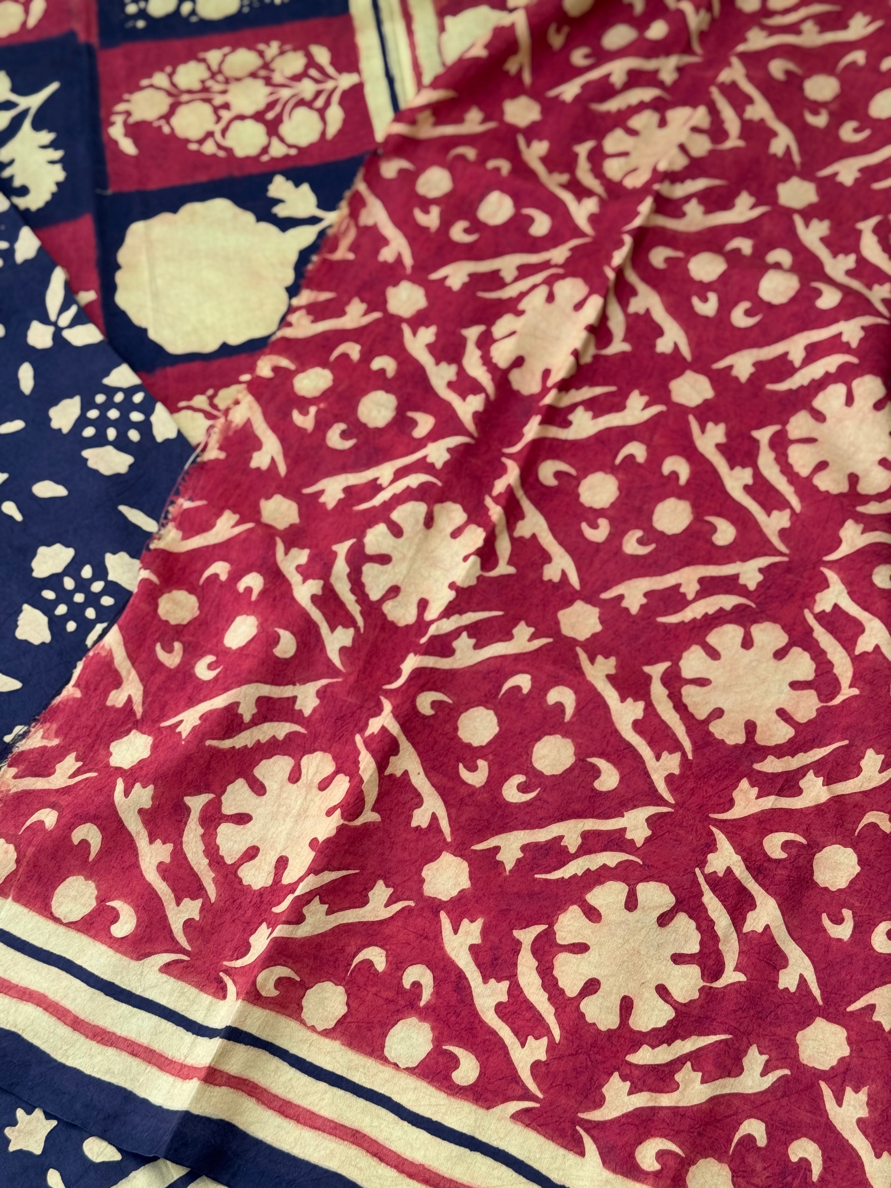 Natural Dyed Ajrakh Double Resist abstract Block printed mulberry Silk Saree