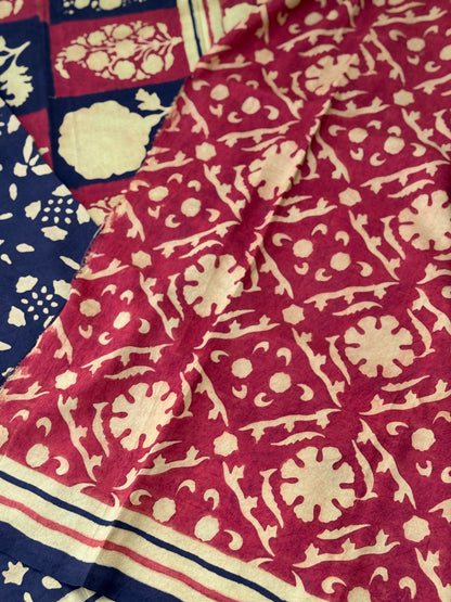 Natural Dyed Ajrakh Double Resist abstract Block printed mulberry Silk Saree