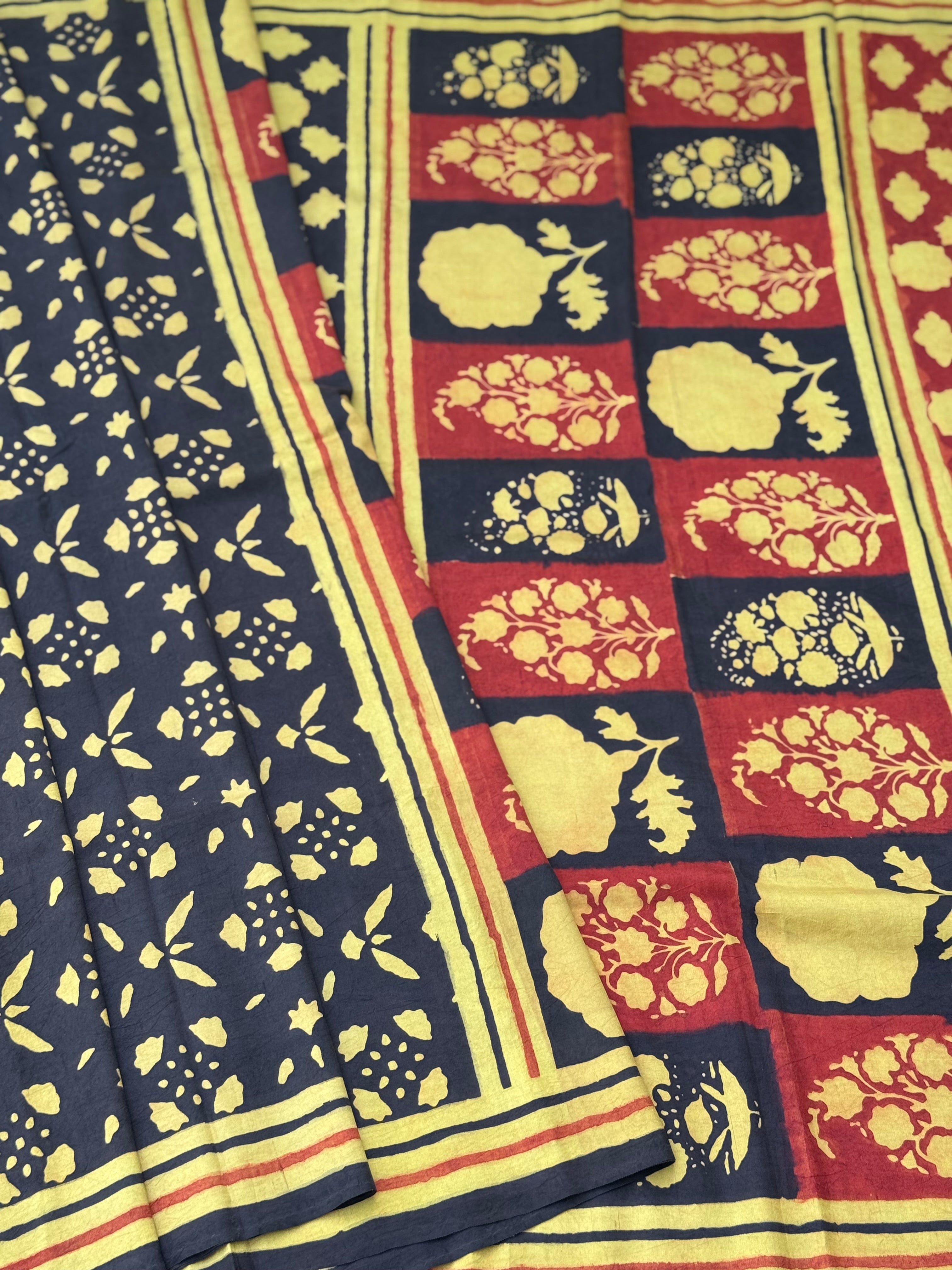 Natural Dyed Ajrakh Double Resist abstract Block printed mulberry Silk Saree