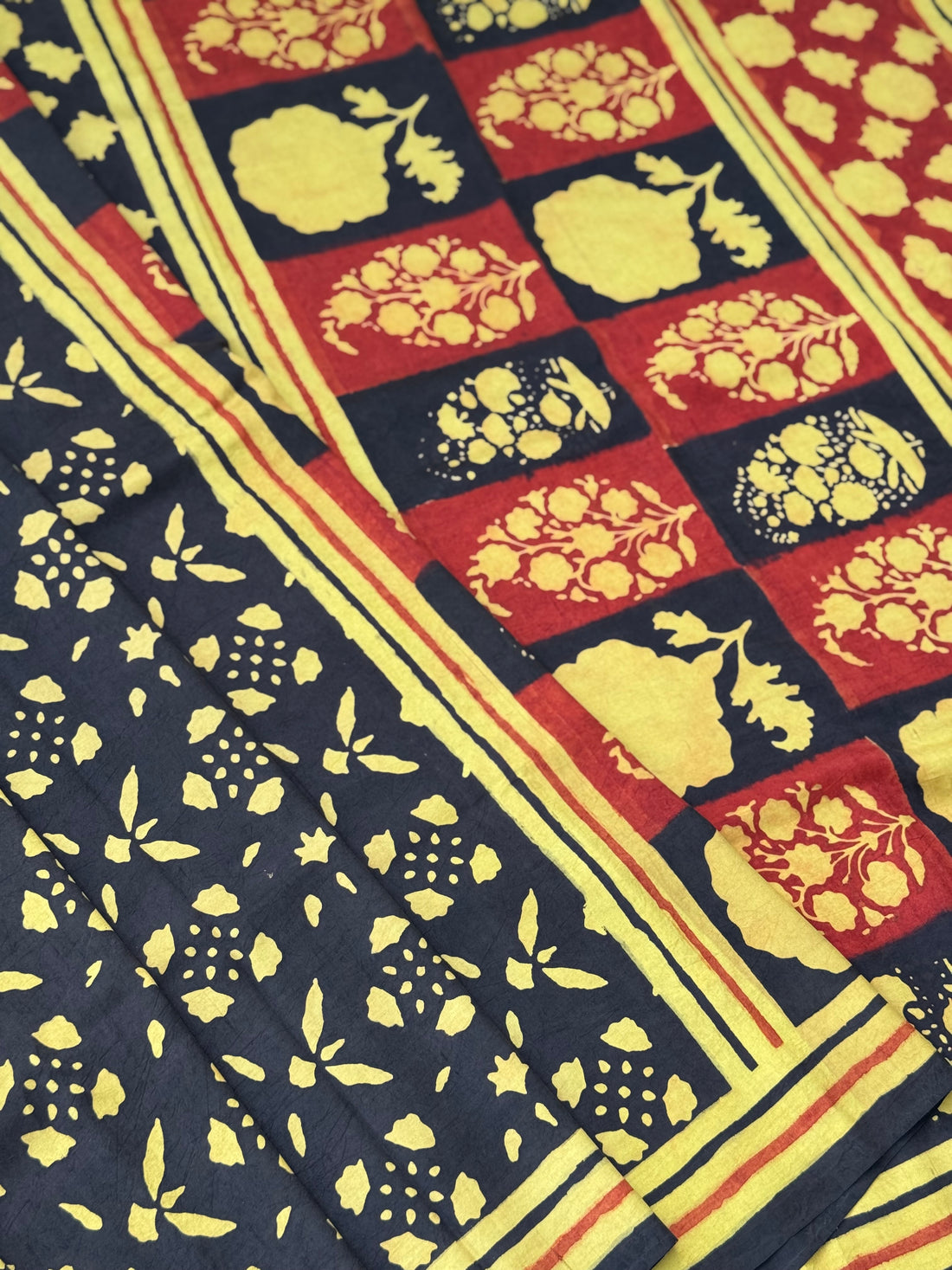 Natural Dyed Ajrakh Double Resist abstract Block printed mulberry Silk Saree