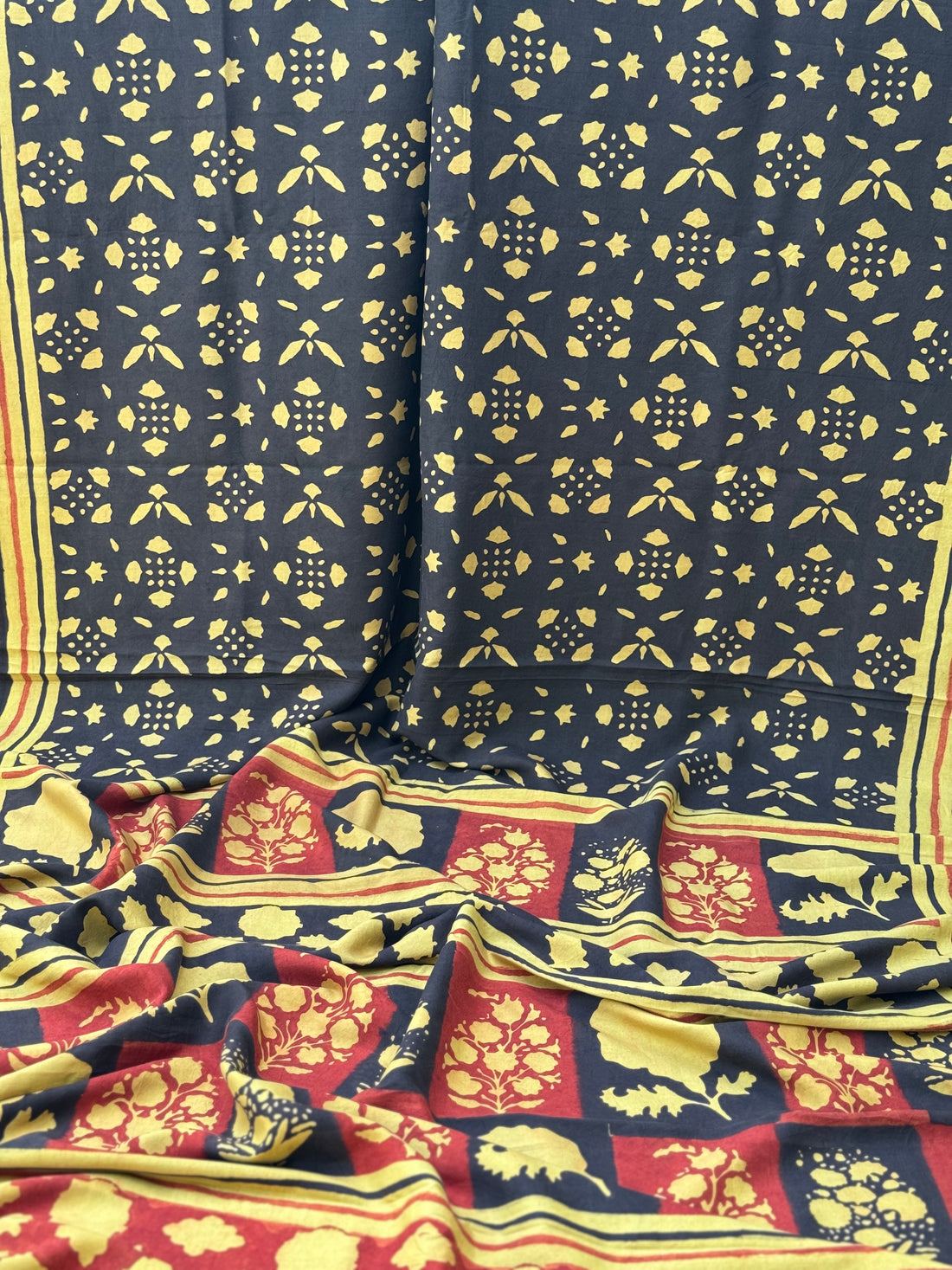 Natural Dyed Ajrakh Double Resist abstract Block printed mulberry Silk Saree