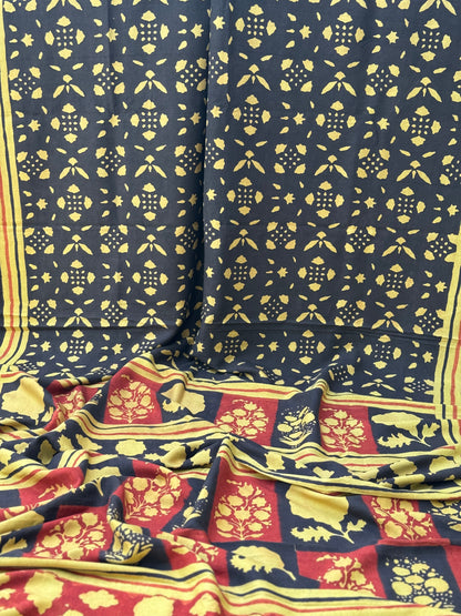 Natural Dyed Ajrakh Double Resist abstract Block printed mulberry Silk Saree