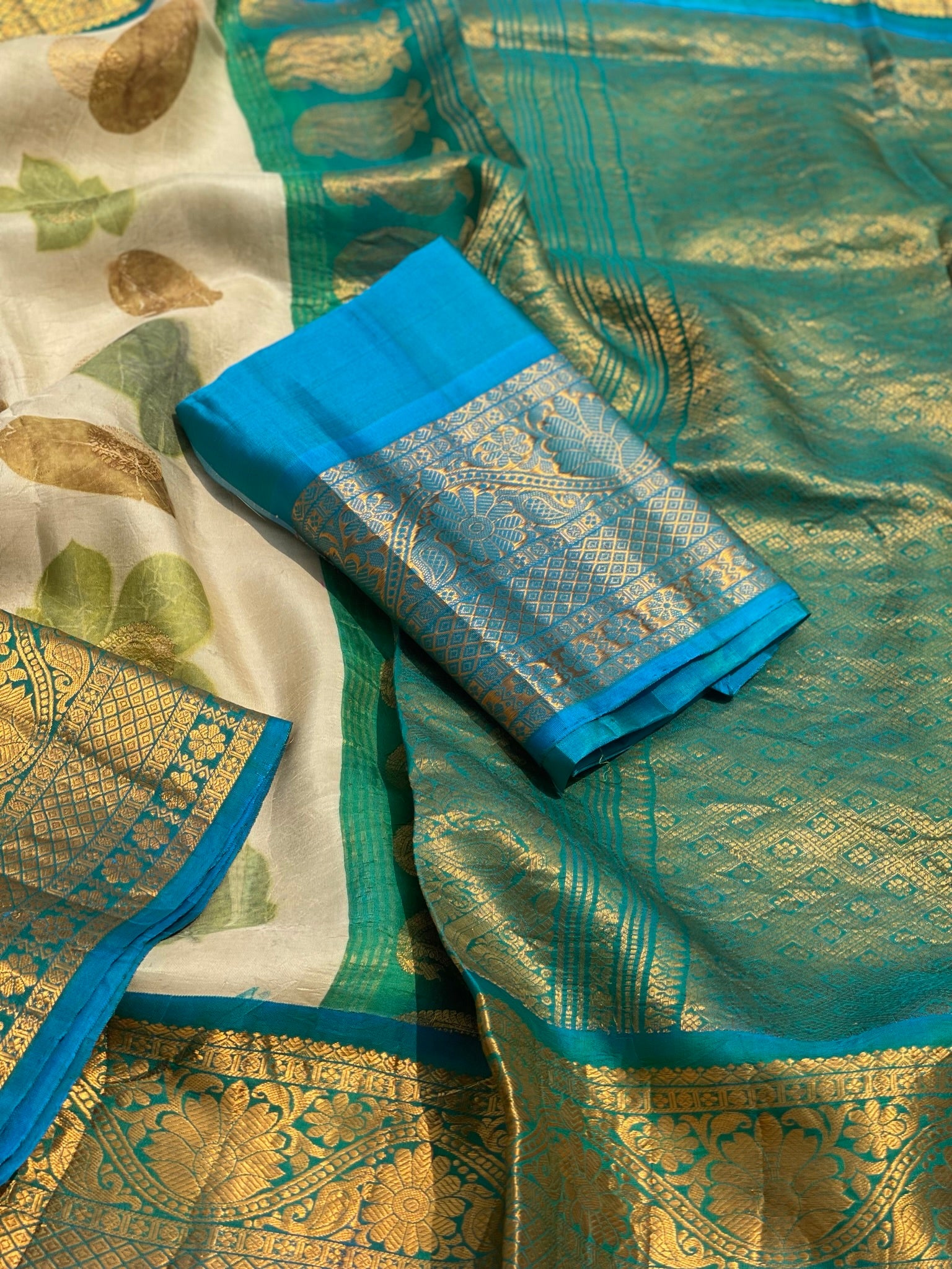 Handmade Ecoprints Using Natural Leaf And Flowers On Pure Gadwal Silk Saree