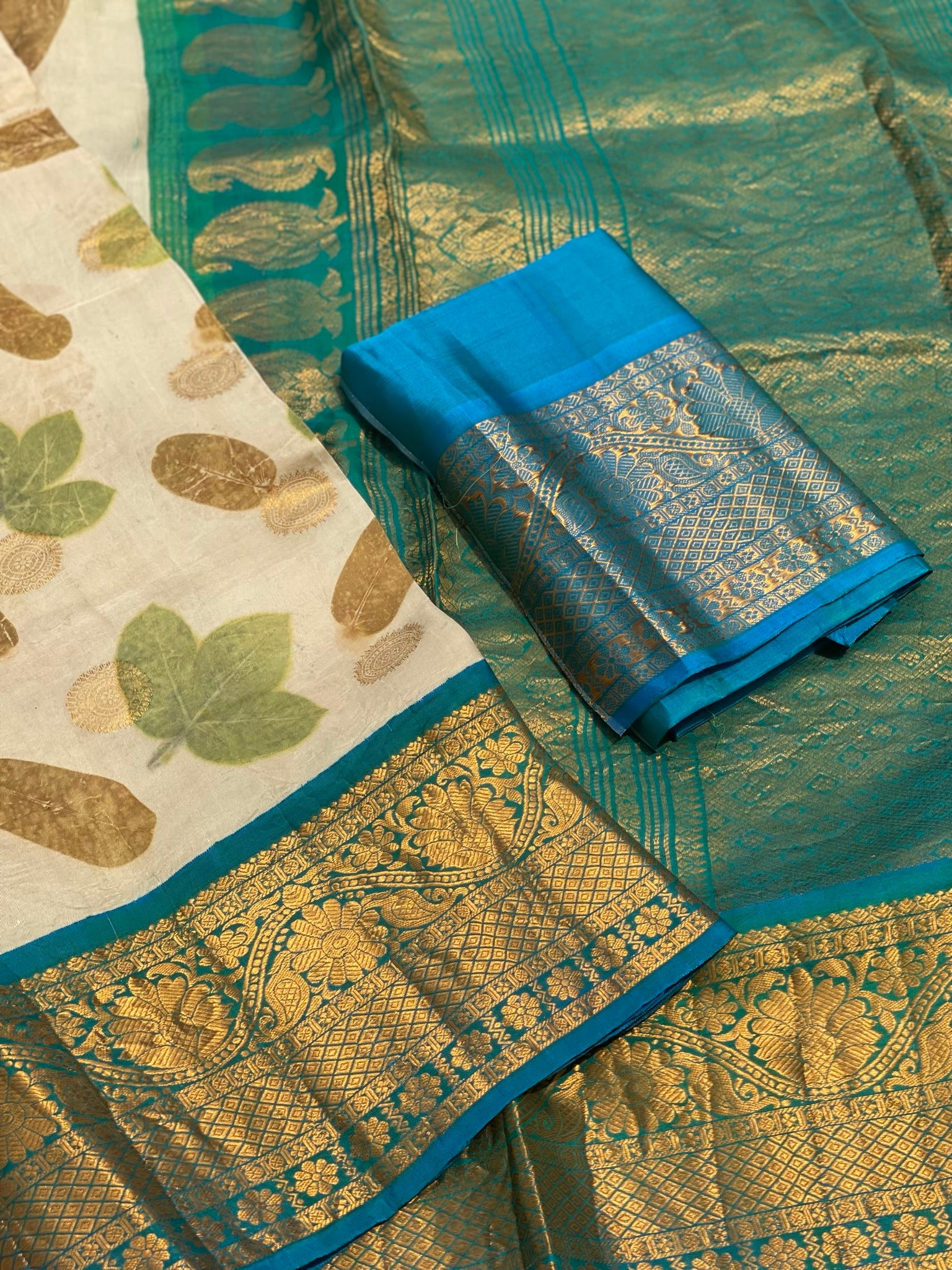 Handmade Ecoprints Using Natural Leaf And Flowers On Pure Gadwal Silk Saree