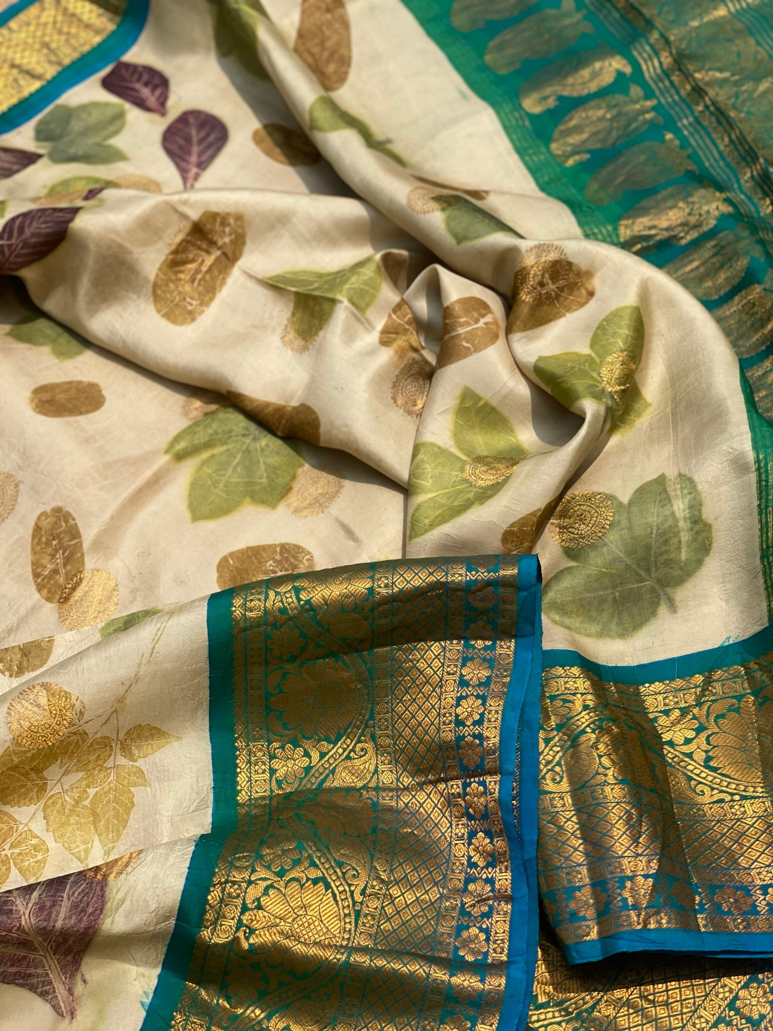 Handmade Ecoprints Using Natural Leaf And Flowers On Pure Gadwal Silk Saree