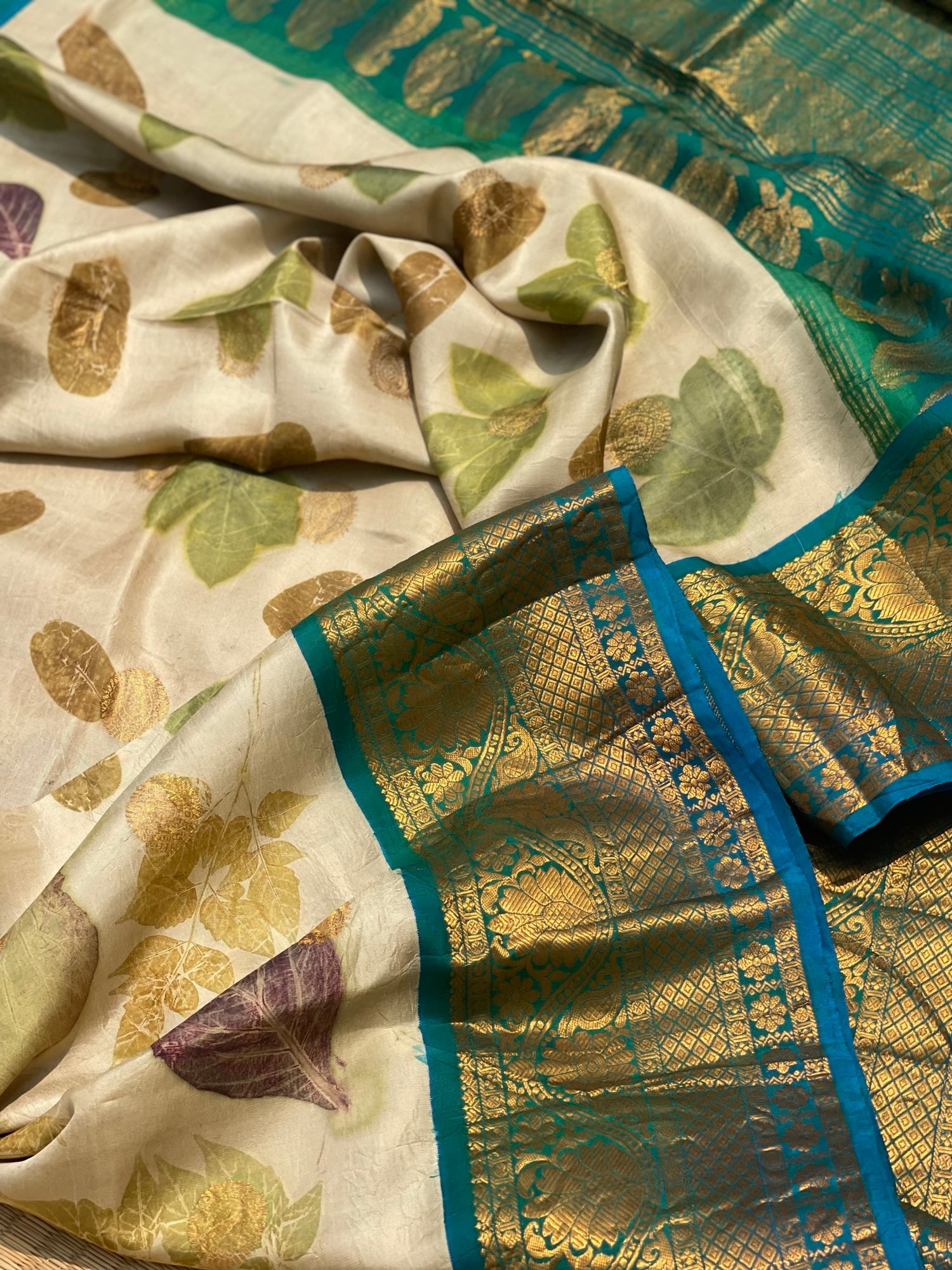 Handmade Ecoprints Using Natural Leaf And Flowers On Pure Gadwal Silk Saree