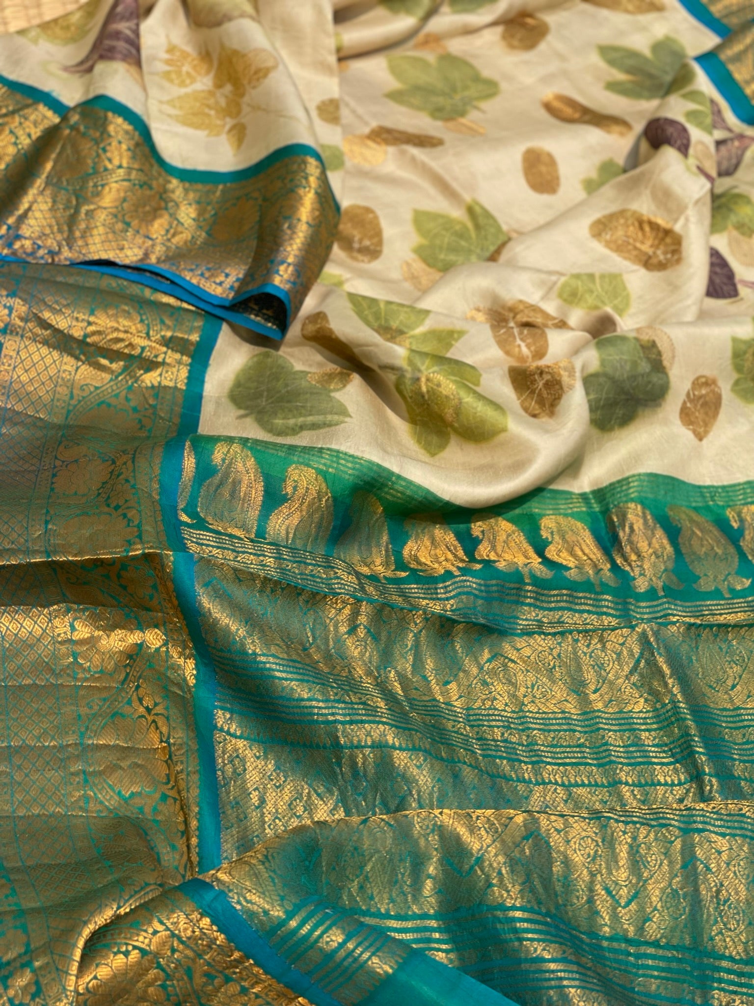 Handmade Ecoprints Using Natural Leaf And Flowers On Pure Gadwal Silk Saree