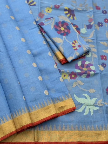 A handspun ponduru khadhi jamdani cotton saree in powder blue full jaal pallu and blouse