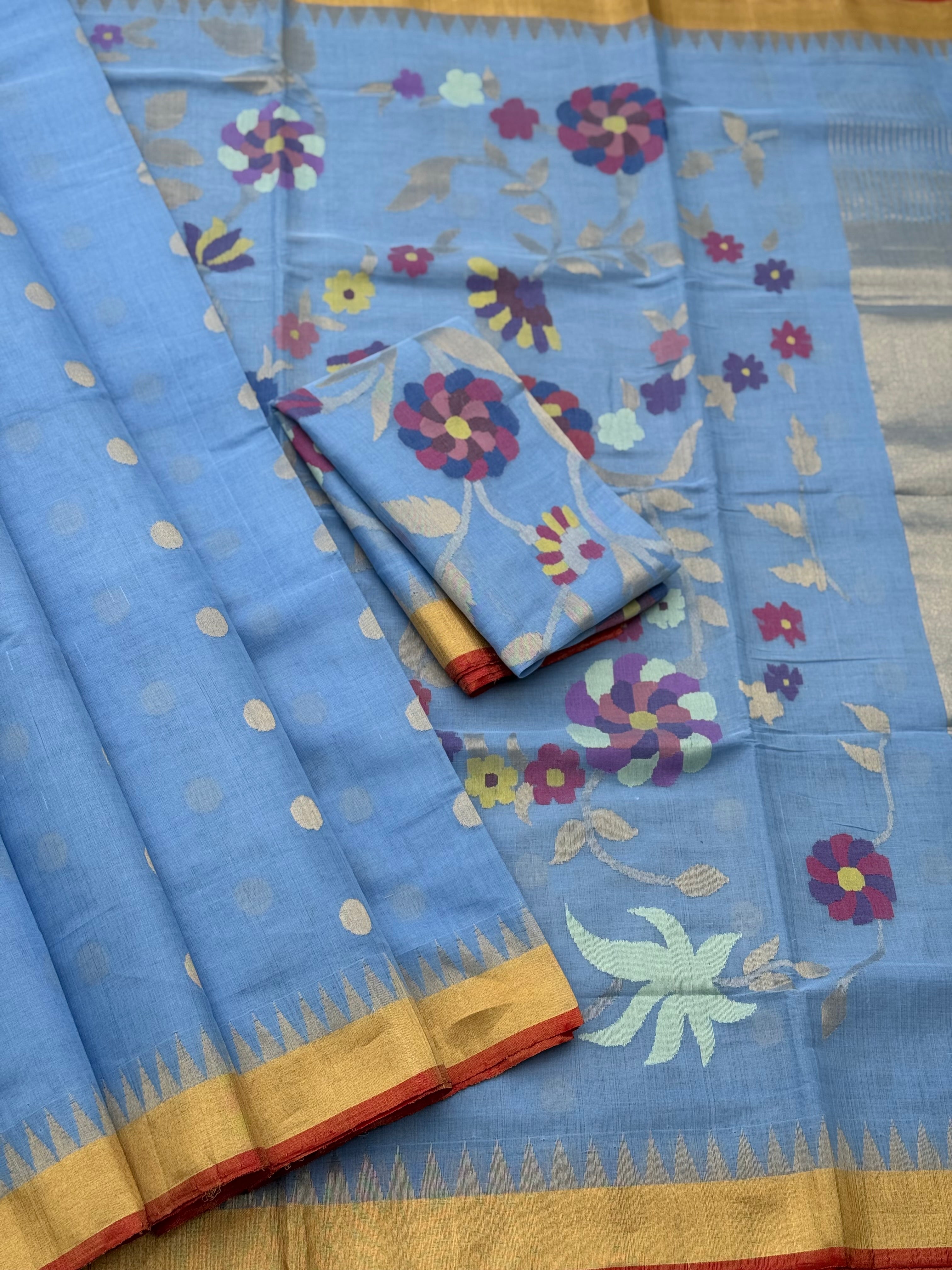 A handspun ponduru khadhi jamdani cotton saree in powder blue full jaal pallu and blouse