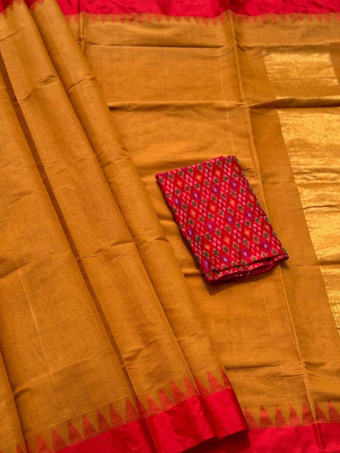 Handspun Ponduru Khadi cotton saree with temple woven contrast silk red border