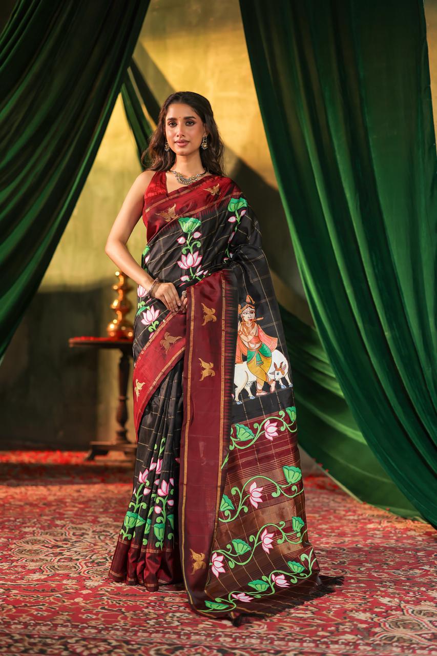 A double kili beetu butta kanchivaram silk saree with handpainted Pichwai pallu and border