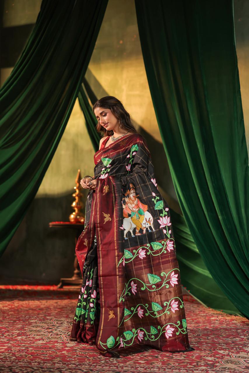 A double kili beetu butta kanchivaram silk saree with handpainted Pichwai pallu and border