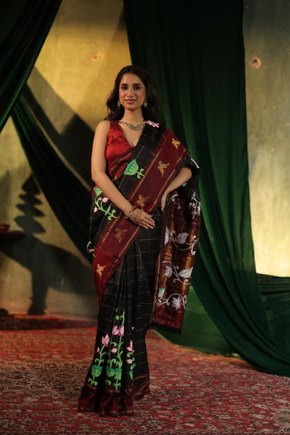 A double kili beetu butta kanchivaram silk saree with handpainted Pichwai pallu and border