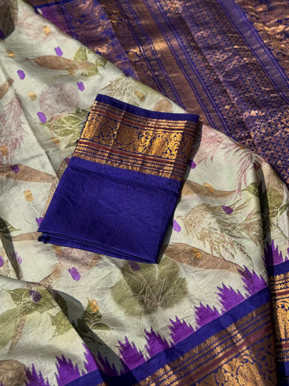 A gorgeous natural ecoprints done on ivory with violet kuttu gadwal silk saree (Copy)