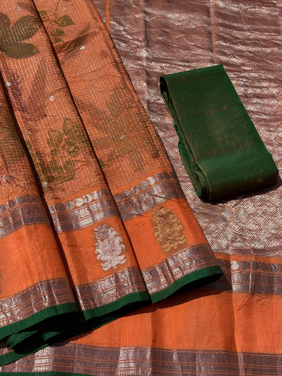 A pastel orange with shot fern green Natural Handmade Ecoprints Gadwal silk saree