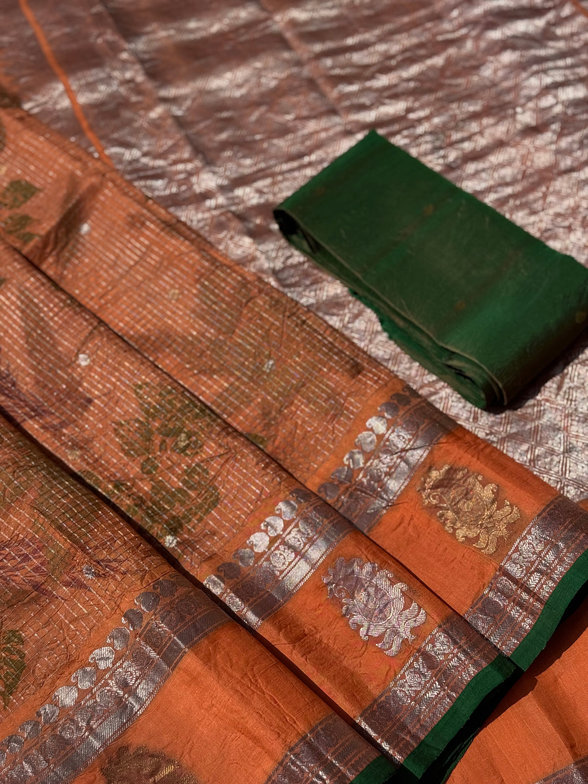 A pastel orange with shot fern green Natural Handmade Ecoprints Gadwal silk saree