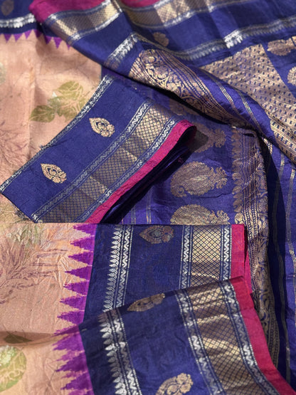 A gorgeous natural ecoprints done on pastel onion pink with purple kuttu gadwal silk saree