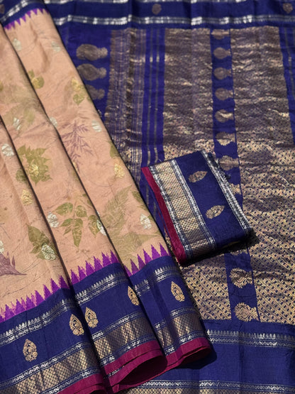 A gorgeous natural ecoprints done on pastel onion pink with purple kuttu gadwal silk saree