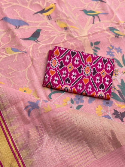 A gorgeous Pastel Pink Ponduru khadi Jaal Jamdani cotton saree