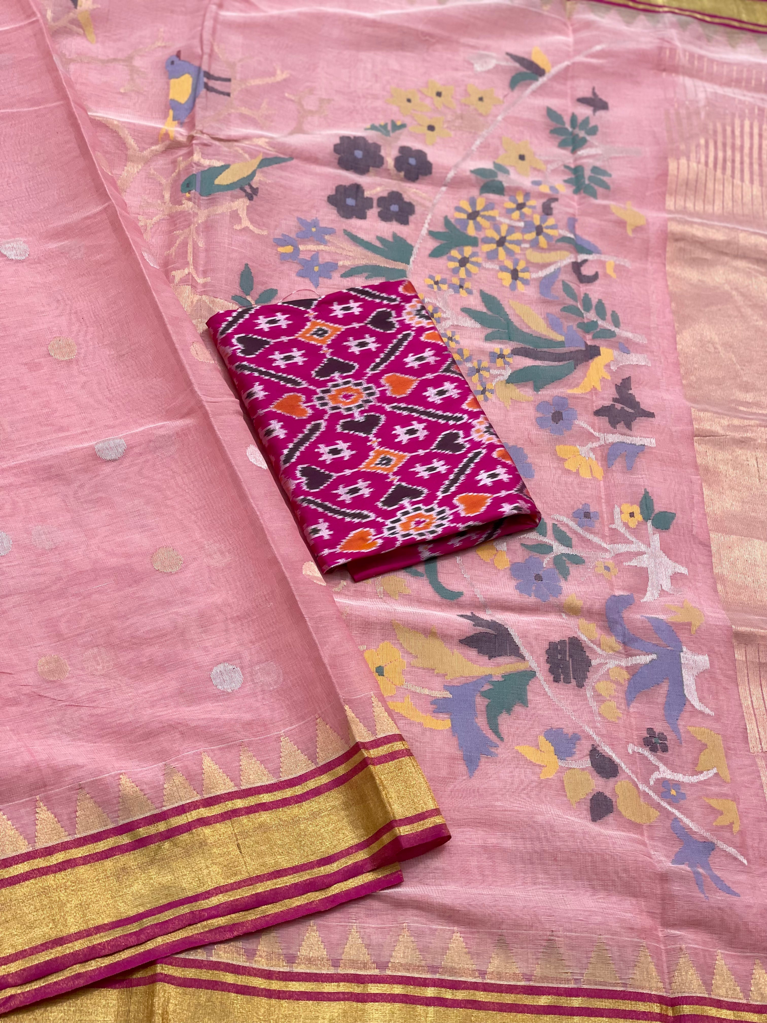 A gorgeous Pastel Pink Ponduru khadi Jaal Jamdani cotton saree