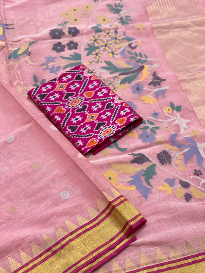 A gorgeous Pastel Pink Ponduru khadi Jaal Jamdani cotton saree