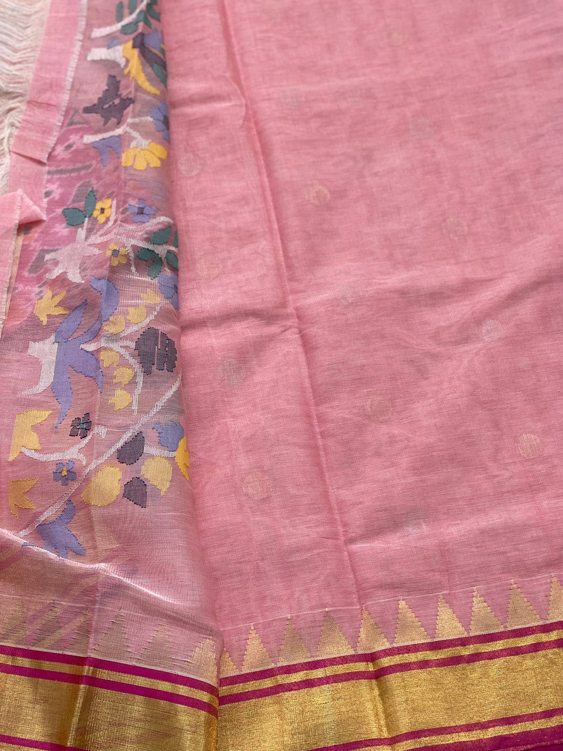 A gorgeous Pastel Pink Ponduru khadi Jaal Jamdani cotton saree