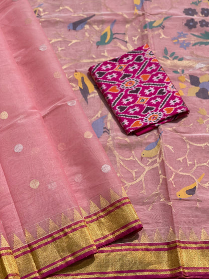 A gorgeous Pastel Pink Ponduru khadi Jaal Jamdani cotton saree