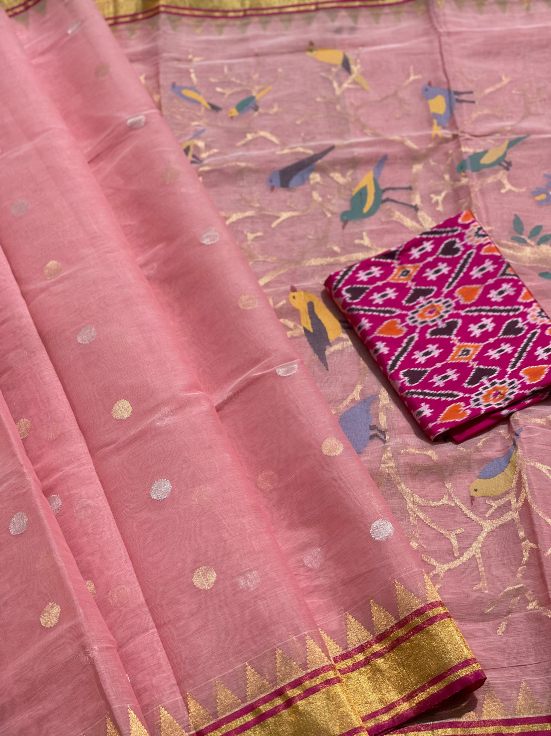 A gorgeous Pastel Pink Ponduru khadi Jaal Jamdani cotton saree