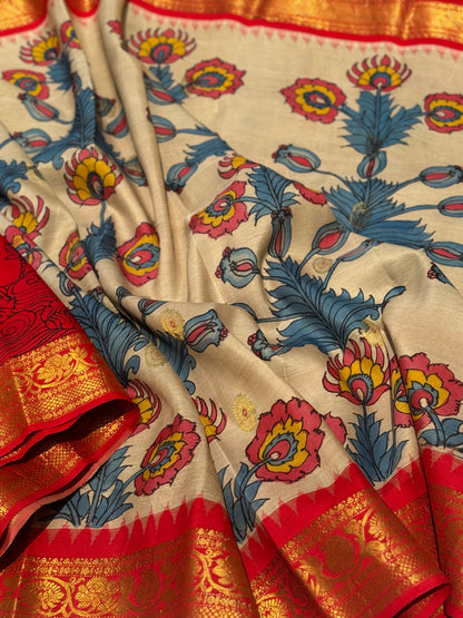 Gorgeous ivory with red handdrawn handpainted penkalamkari gadwal silk