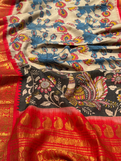 Gorgeous ivory with red handdrawn handpainted penkalamkari gadwal silk