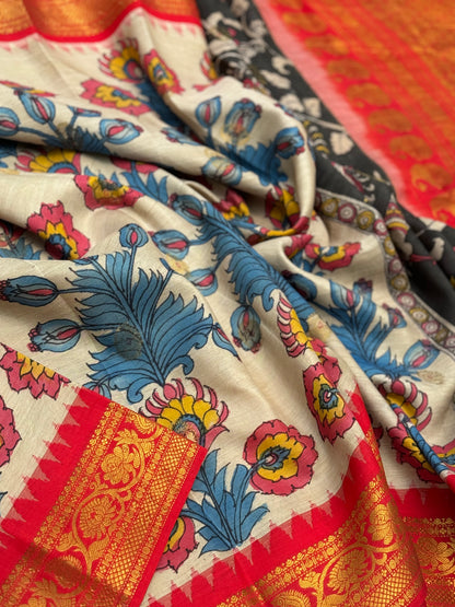 Gorgeous ivory with red handdrawn handpainted penkalamkari gadwal silk