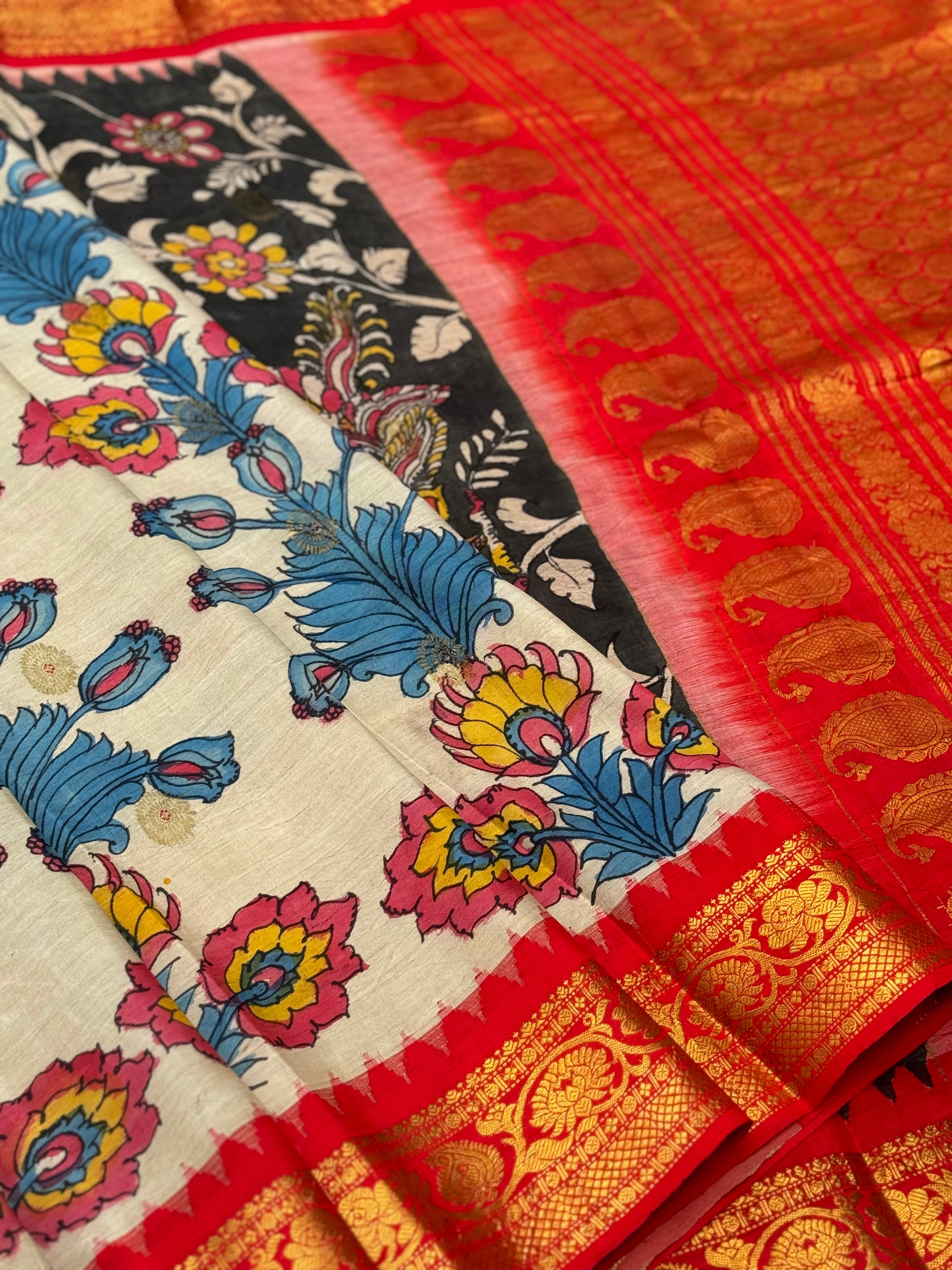 Gorgeous ivory with red handdrawn handpainted penkalamkari gadwal silk