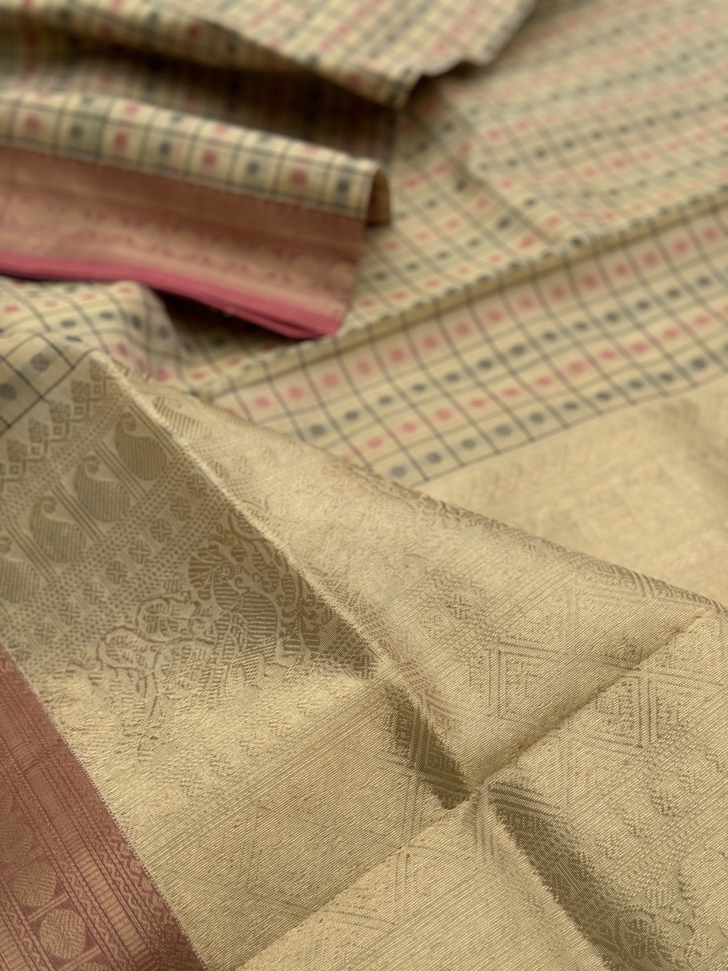 Gorgeous Beige 1000 Buttas Kanchi silk Cotton Saree