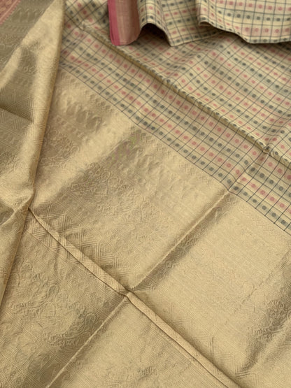 Gorgeous Beige 1000 Buttas Kanchi silk Cotton Saree