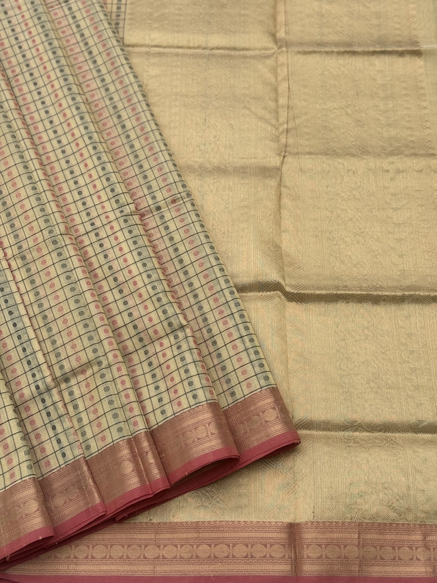 Gorgeous Beige 1000 Buttas Kanchi silk Cotton Saree