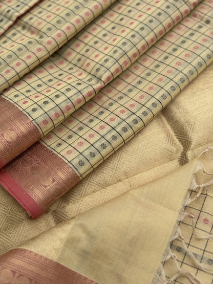 Gorgeous Beige 1000 Buttas Kanchi silk Cotton Saree