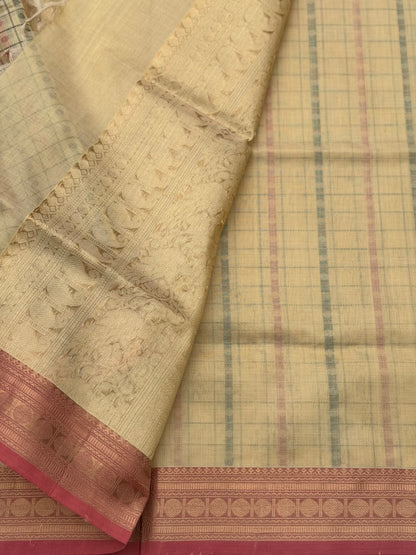 Gorgeous Beige 1000 Buttas Kanchi silk Cotton Saree