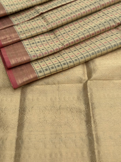 Gorgeous Beige 1000 Buttas Kanchi silk Cotton Saree