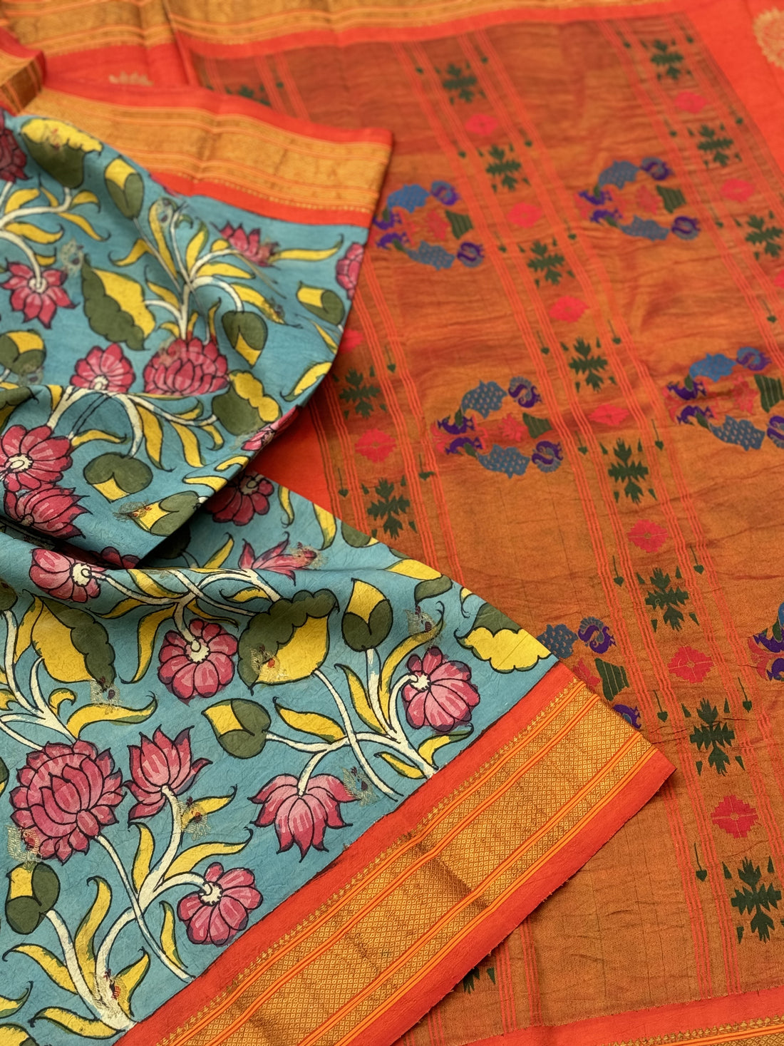 Complete HandDrawn And HandPainted Penkalamkari Maharani paithani silk saree